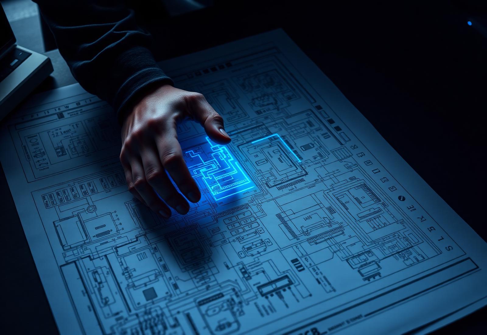 Engineer working on detailed electrical schematic blueprint